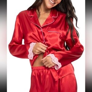 Linea Donatella Red Satin Pajama Top w/ Pink Lace Trim Size L NWT